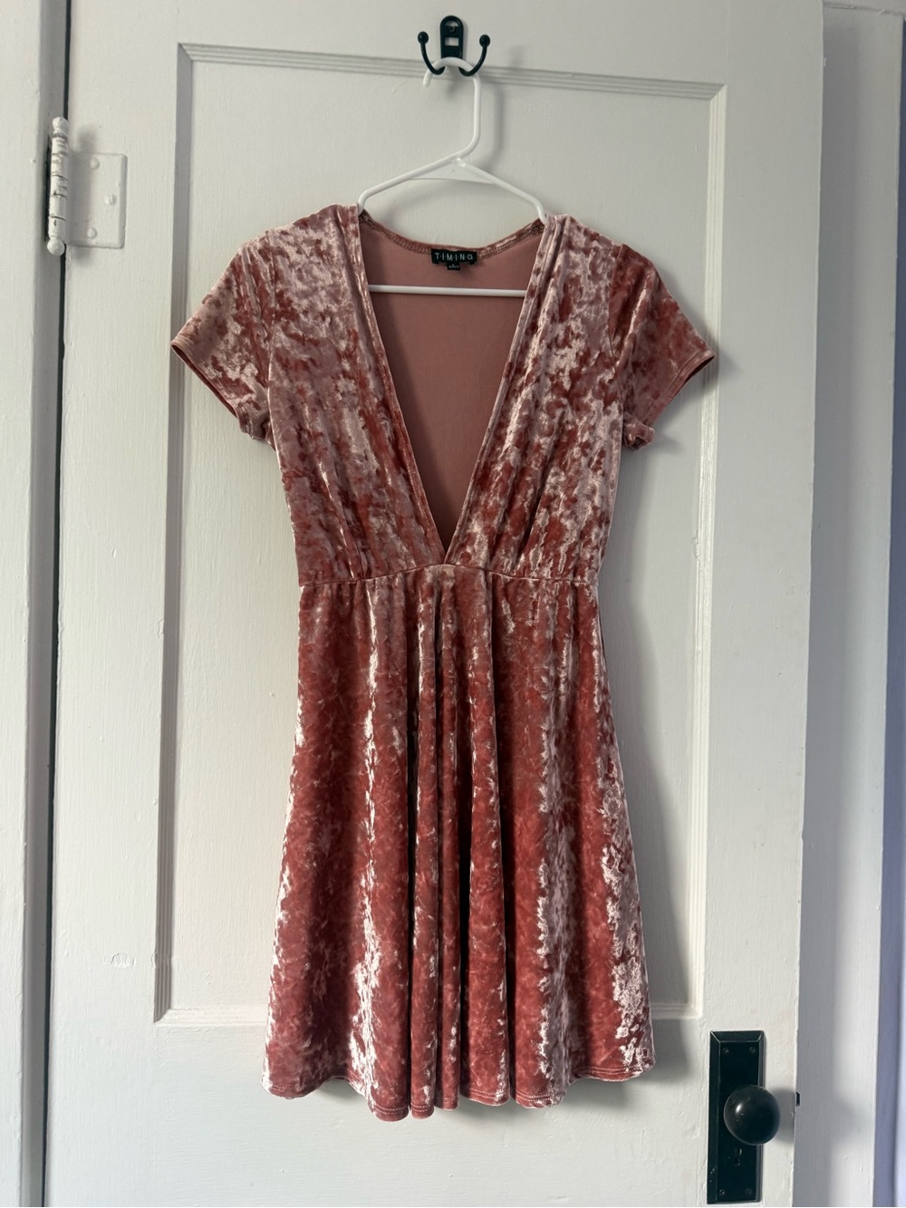 Timing Dusty Rose Crushed Velvet Deep V Mini Dress